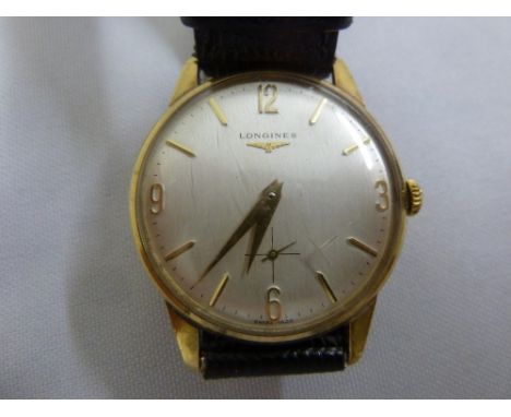 Longines 9ct gentlemans wristwatch, enamel dial, subsidiary second hand, on replacement leather strap