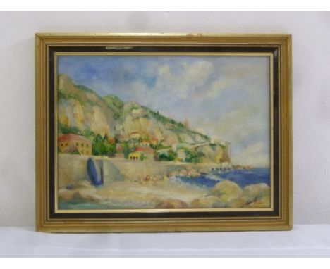 Graham Spiers framed oil on panel of a coastal village, signed bottom right, 25 x 34.5cm
