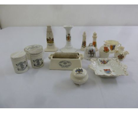 A quantity of Goss transfer printed porcelain to include, a candlestick, a table bell and condiments (14)