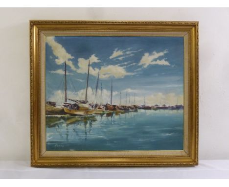 Roffe framed oil on panel of sailing boats in a harbour, signed bottom left, 49.5 x 59.5cm