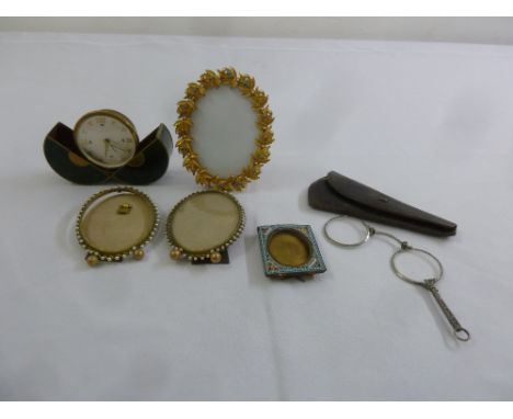 A quantity of collectables to include a travelling alarm clock, a micro mosaic frame and a pair of lorgnettes in leather case