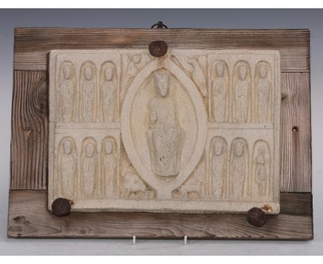 A museum type cast, after a Medieval relief panel, depicting a king in allusion to Christ, flanked by banks of saints, 25cm x