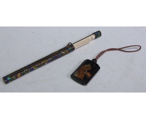A Japanese enamelled copper trousse, comprising a picnic sweet of travelling knife and a pair of chopsticks, ring suspension,