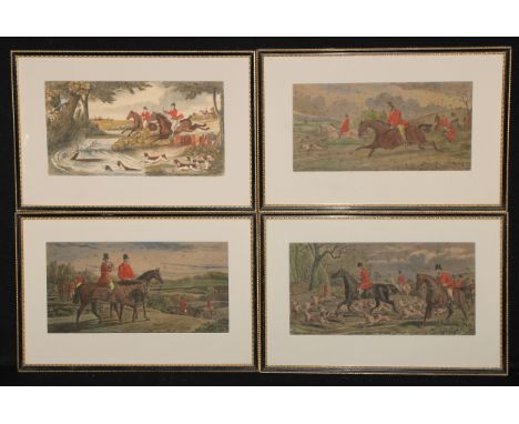 Interior Decoration - a set of four 19th century furnishing prints, hunting scenes, coloured engravings, 16cm x 31cm, Hogarth