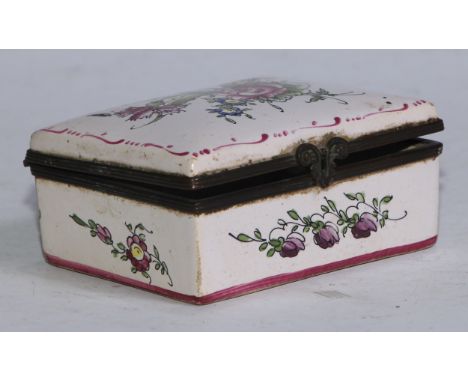 A French faience rectangular table snuff box, painted in polychrome with sprays of flowers, 9.5cm wide, painted mark, early 2