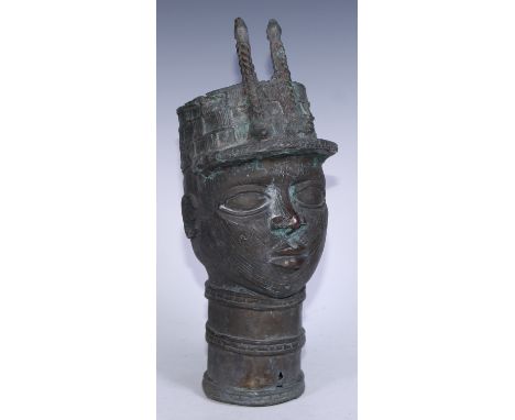 Tribal Art - a Benin bronze, cast as the head of an Oba or figure of the court, 39cm high, Nigeria 