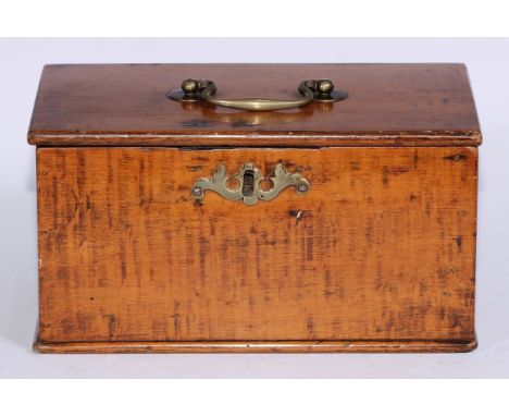 A George III vernacular fruitwood rectangular tea caddy, hinged cover with brass swan neck handle, the side with a slide encl