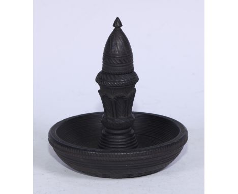 A 19th century Irish bog oak chamberstick and  snuffer,  engine turned, 13cm diam, c.1850 