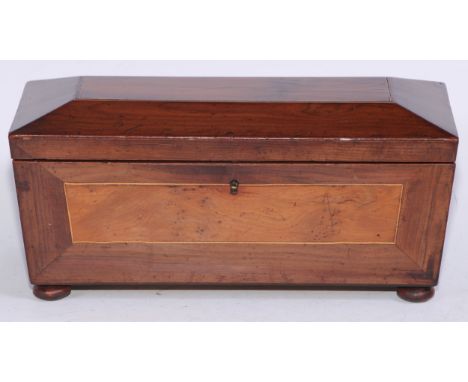 A 19th century Irish yew and arbutus wood sarcophagus tea caddy, hinged cover enclosing a pair of lidded compartments and a b
