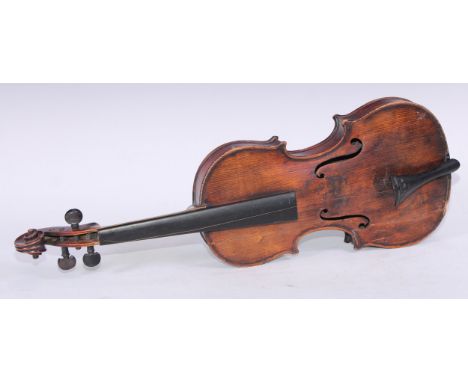 A violin, the two-piece back 36cm long excluding button, outlined throughout with purfling, 60cm long overall 