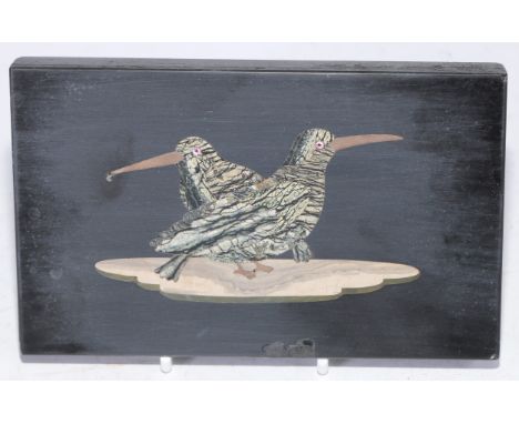 A pietra dura rectangular panel, inlaid in specimen marble with a pair of birds, 16cm long 