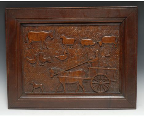 Folk Art - a 19th century oak panel, carved in relief with a horse and cart, cows, sheep, pig, duck, pigeon, chickens and a d