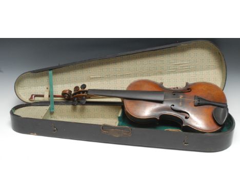 A 19th century violin, the two-piece back 36cm long excluding button, outlined throughout with purfling, 59cm long overall, c