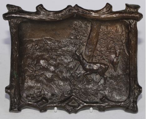 Cycling - an early 20th century Austrian bronze plaque, cast in relief with deer disturbed by cyclists, 20cm wide, monogramme