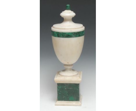 A Neoclassical style malachite and white marble urn, knop finial, square base, 40cm high 