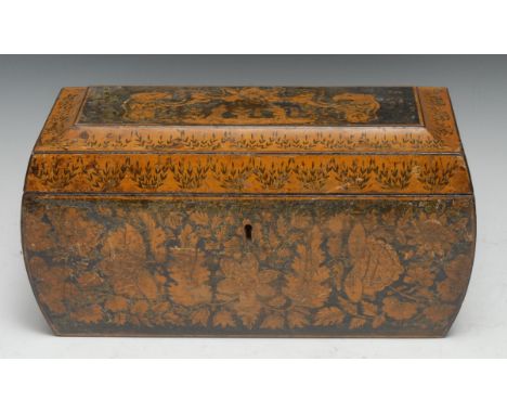 A Regency penwork bowed rectangular chinoiserie tea caddy, decorated with figures, insects and flowering stems, 31cm wide, 15