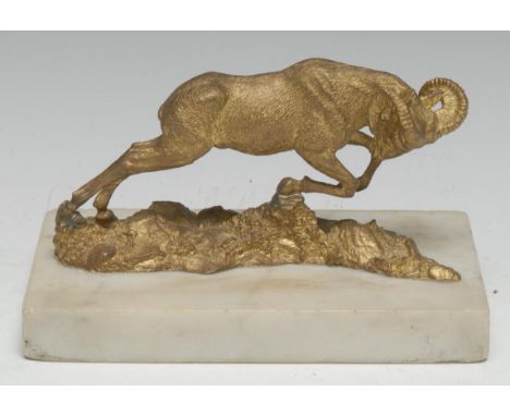 French School, a gilt bronze, of a ram, charging powerfully, rectangular white marble base, 15cm long 