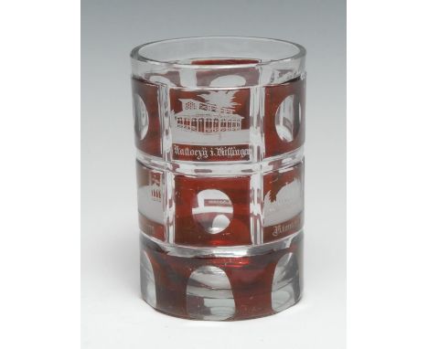 A Bohemian ruby overlaid glass spa beaker, etched with named views of Altenberg and other landmarks, 11.5cm high, c.1900 