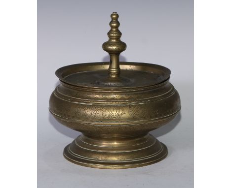 A Chinese bronze bowl and cover, chased with lotus and trellis, spire finial, domed foot, 24cm diam, 19th century 