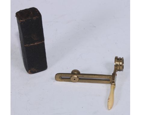A 19th century lacquered brass pocket field microscope, sliding adjustment, turned handle, 8.5cm long, slip case 