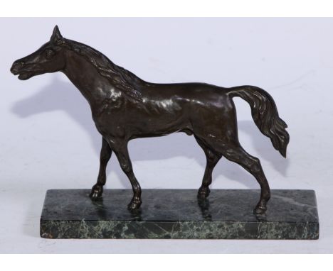 Continental School (early 20th century), a dark patinated bronze, of a horse, verde antico marble base, 19.5cm long 