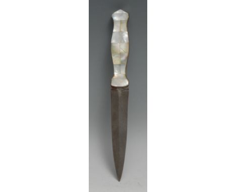 An Indian dagger, 13cm damascened wootz steel blade, two-piece mother of pearl haft applied with lozenges, 23.5cm long, proba