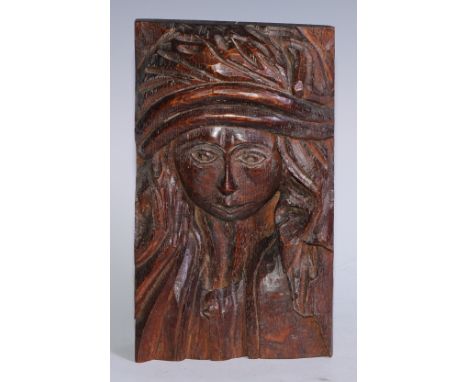 A North European oak architectural sculptural pilaster section, carved as the head of a woman, 28cm x 17cm, 19th century 
