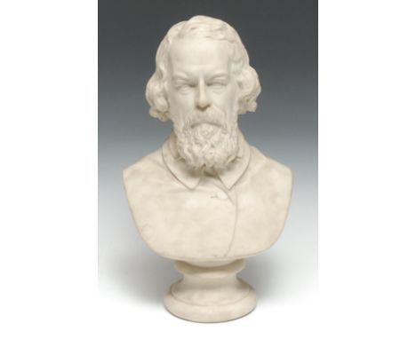 A mid-Victorian Robinson &amp; Leadbeater parian ware library bust, of Alfred Tennyson, after the sculpture by Woolmer, Publi