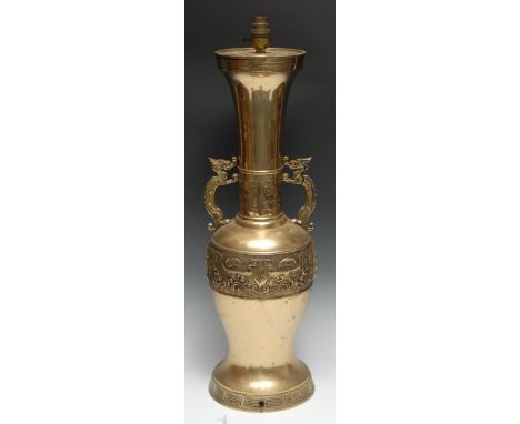 A large Chinese bronze vase, cast in the Archaic taste with taotie, dragon handles, fitted as a lamp, 60cm to base of fitting