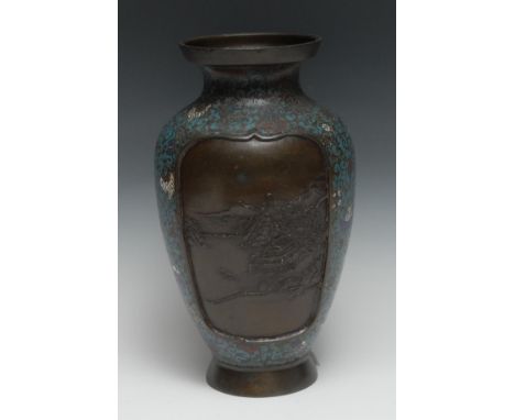 A Chinese bronze and champleve enamel ovoid vase, cast with monumental landscape, 31cm high, 19th century 