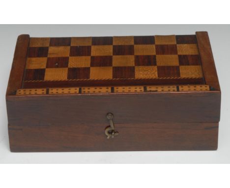 A 19th century mahogany and parquetry rectangular games box, inlaid for chess, cribbage board border, the interior laid-out f