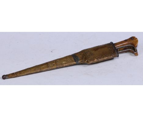 A Middle Eastern pesh kabz dagger, 18.5cm straight blade with broad spine, two-piece horn grip, brass scabbard, 30.5cm long, 
