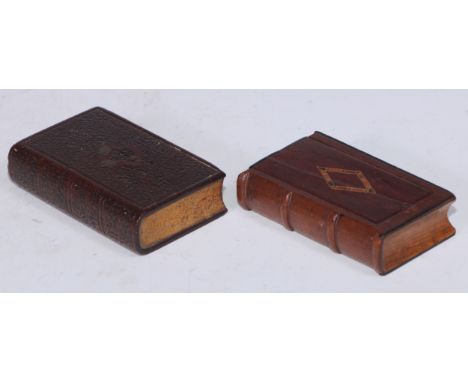 A 19th century mahogany and parquetry novelty snuff box, as a book, sliding cover, 8cm long, c.1870; a 19th century desk weig