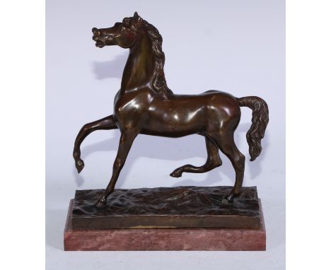 Continental School (19th century), a brown patinated bronze, of a horse, rectangular marble base, 23cm high 