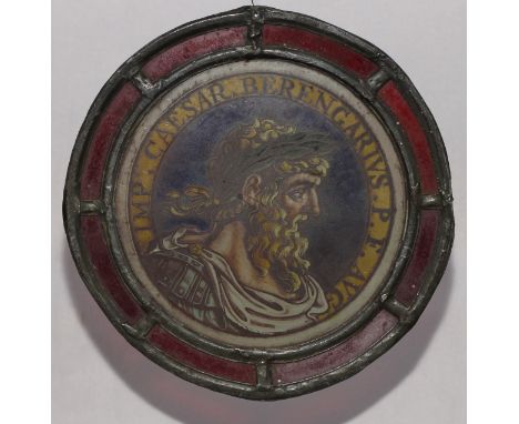 A post-Medieval stained glass portrait roundel, depicting Caesar Berengarius [Berengar, Berengario, Duke and Margrave del Fri