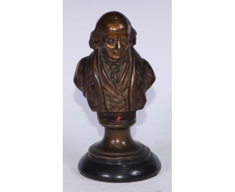 French School (19th century), a brown patinated bronze library bust, of a literary figure, black marble base, 22.5cm high 