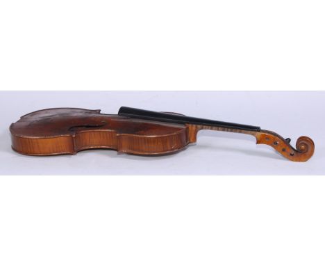 A violin, by E R Schmidt &amp; Co, the one-piece back 35.5cm long excluding button, paper label printed Copy of Amati, expres