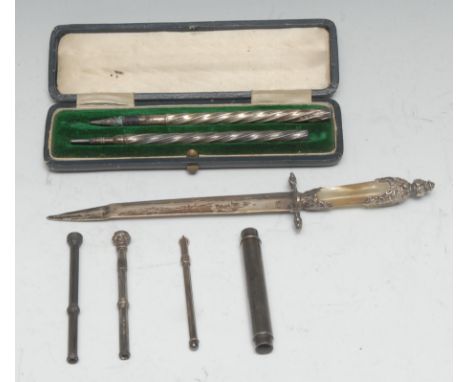 A Victorian silver and mother of pearl dagger form letter knife, 21.5cm long, Birmingham 1885; silver pens and propelling pen