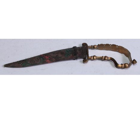 An Indian bichuwa, 14.5cm curved blade, gilt brass knuckle-bow hilt, 23cm long overall, 19th century 