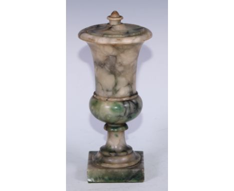 A Neoclassical specimen marble pedestal urn and cover, in tones of green, white and grey, knop finial, square base, 27cm high