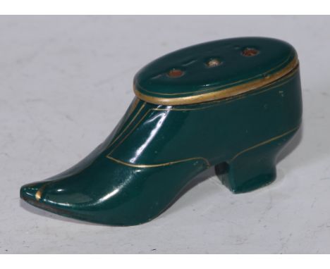 A Continental porcelain novelty snuff box, as a shoe, gilt interior, 9cm long, c.1860 