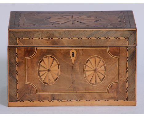 A George III mahogany and marquetry rectangular tea caddy, inlaid with oval batwing paterae, hinged cover enclosing a pair of