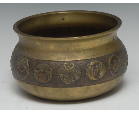 A Chinese bronze censer, cast and applied with a continuous band of auspicious symbols, 16cm diam 