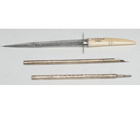 A Victorian silver dagger form letter knife, the haft inscribed Edwige 1921, 21cm long, Birmingham 1890; two silver dip pens 