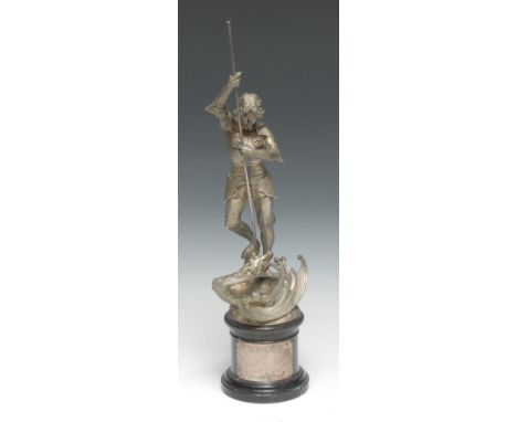 English School (early 20th century), a silvered bronze, St George Slaying the Dragon, marble and serpentine columnar base, 41