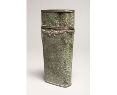 A GEORGIAN WHISKY FLASK in a shagreen case, with silver garlands 6.5ins long (some damage).