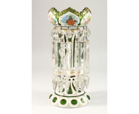 A GOOD LARGE VICTORIAN BOHEMIAN RUBY AND GILT GOBLET WITH WHITE OVERLAY LUSTRE, with 10 prism drops. 12ins high.