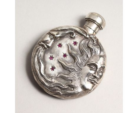 A NOVELTY SILVER, RUBY SET SUN AND MOON SCENT BOTTLE.