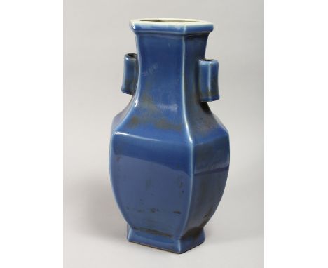 A CHINESE BLUE GROUND PORCELAIN "ARROW" VASE, of flattened hexagonal form with twin handles 14.5ins high.