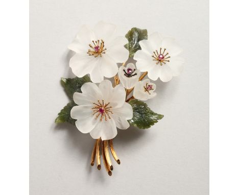 A SUPERB ROCK CRYSTAL JADE AND RUBY BROOCH